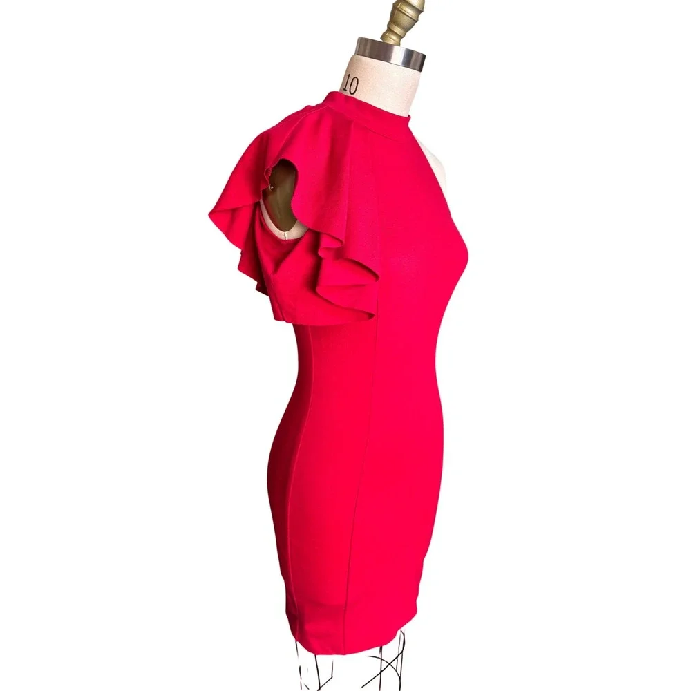 Necessary Objects Dress Womens Small Red One Shoulder Ruffle Mock Neck WO-5882